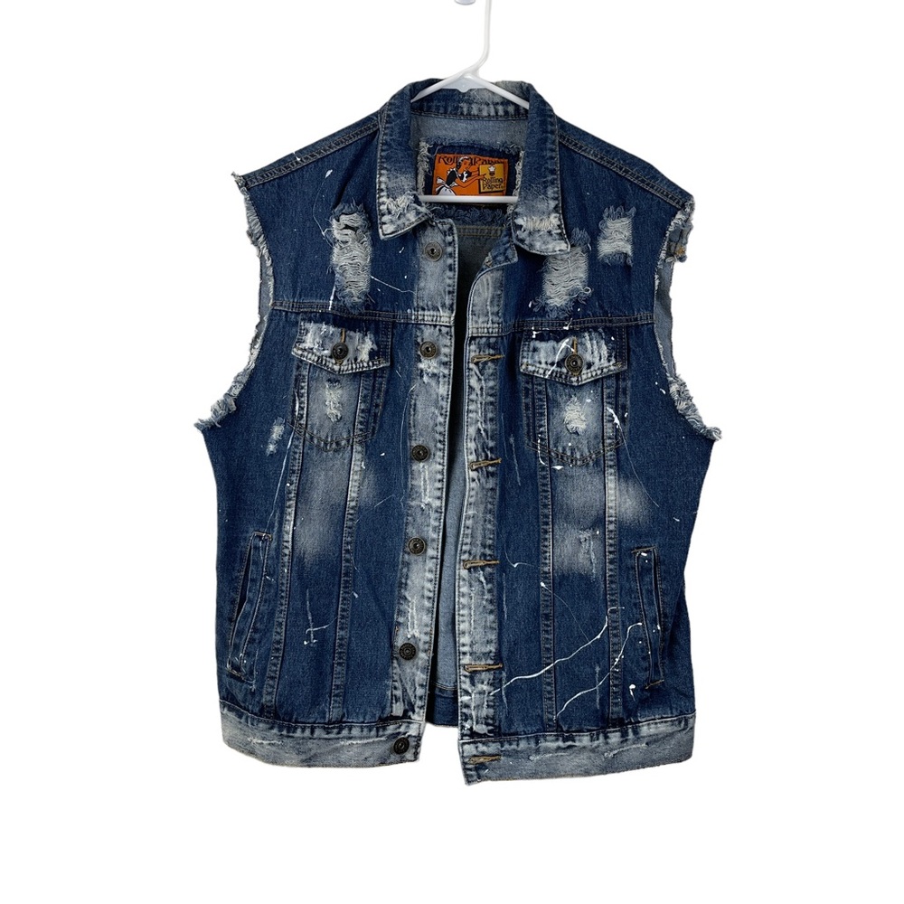 Rolling Paper distressed dark wash denim vest men’s size XL
